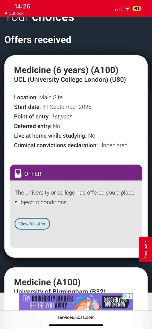 University offer screenshot — Medicine (A100) at University College London
